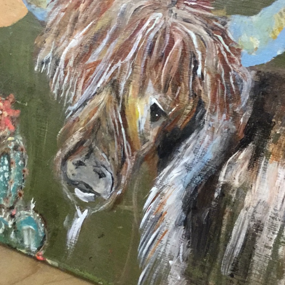 OOAK original artwork acrylic painting farmhouse cowgirl rodeo cabin shaggy cow - Picture 2 of 7